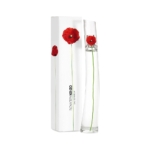Un grand flacon transparent de 30 ml de l'Eau de Parfum Kenzo pour femme, orné d'un motif de coquelicots rouges, se trouve à côté de son coffret blanc assorti, tous deux décorés de coquelicots rouges et du texte "FLOWER BY KENZO EAU DE PARFUM". Dakar
