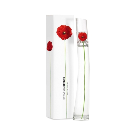 Un grand flacon transparent de 30 ml de l'Eau de Parfum Kenzo pour femme, orné d'un motif de coquelicots rouges, se trouve à côté de son coffret blanc assorti, tous deux décorés de coquelicots rouges et du texte "FLOWER BY KENZO EAU DE PARFUM". Dakar