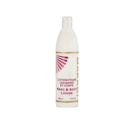 Un flacon blanc de lotion pour les mains et le corps Mary Kay (500 ml), avec des accents roses et dorés et un texte bilingue, côtoie un flacon DODIE BIBERON VERRE PARIS 150 ml pour une touche d'élégance au quotidien. Dakar
