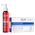 Acm Novophane Routine Anti Chute Cheveux Et Fortification des Ongles + Peigne Cheveux OFFERT : comprend un flacon pulvérisateur rouge et une boîte blanc-bleu avec des informations en français/anglais sur les vitamines, les minéraux et les acides aminés pour l'entretien des cheveux. Dakar