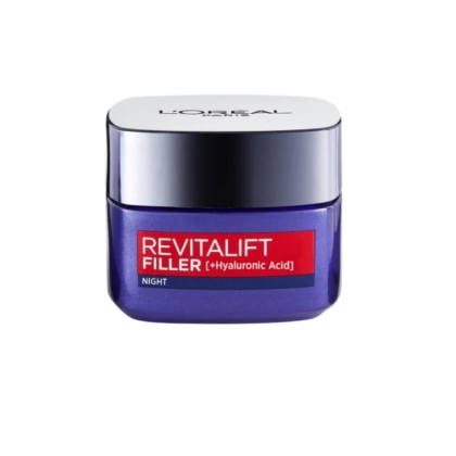 Un pot de L'Oréal Revitalift Filler Soin Nuit Anti-Rides Crème Hydratante & Anti-Âge Acide Hyaluronique 50 ml se trouve dans un récipient violet avec un couvercle argenté, affiché sur un fond blanc. Dakar