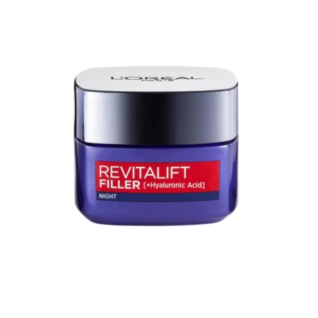 Un pot de L'Oréal Revitalift Filler Soin Nuit Anti-Rides Crème Hydratante & Anti-Âge Acide Hyaluronique 50 ml se trouve dans un récipient violet avec un couvercle argenté, affiché sur un fond blanc. Dakar