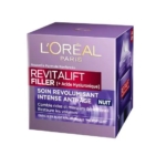 Une boîte violette de L'Oréal Revitalift Filler Soin Nuit Anti-Rides Crème Hydratante et Anti-Âge Acide Hyaluronique 50 ml fournit une hydratation anti-âge et du volume pendant la nuit, avec un emballage en français et en anglais. Dakar