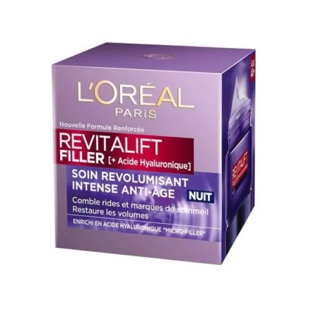 Une boîte violette de L'Oréal Revitalift Filler Soin Nuit Anti-Rides Crème Hydratante et Anti-Âge Acide Hyaluronique 50 ml fournit une hydratation anti-âge et du volume pendant la nuit, avec un emballage en français et en anglais. Dakar