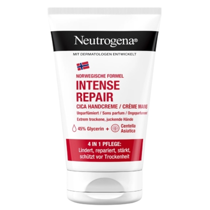 Tube de 50 ml de Neutrogena Crème Mains Concentrée Sèches et Abîmées Sans Parfum pour les mains sèches et abîmées, avec une formule non parfumée et une teneur élevée en glycérine, avec un texte en allemand et en anglais sur l'emballage. Dakar