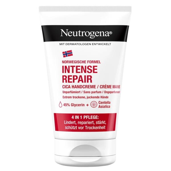 Tube de 50 ml de Neutrogena Crème Mains Concentrée Sèches et Abîmées Sans Parfum pour les mains sèches et abîmées, avec une formule non parfumée et une teneur élevée en glycérine, avec un texte en allemand et en anglais sur l'emballage. Dakar