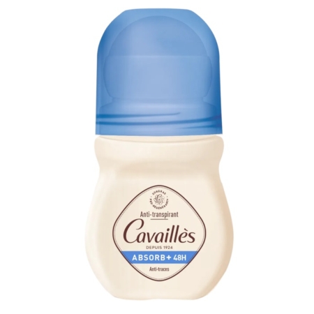 Roll-on anti-transpirant Absorb+ 48h de 50 ml de Roge Cavailles, avec un capuchon bleu et un corps beige, étiqueté "Anti-traces". Dakar