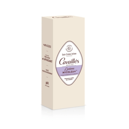Un coffret beige de Cavaillès Crème Intime Apaisante Mycolea+ 50 ml, une crème de soin intime dont le texte français souligne la formule apaisante au pH équilibré. Dakar