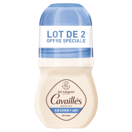 Lot de deux déodorants Cavaillès Absorb+ anti-transpiration et odeurs roll-on 50 ml, avec bouchon bleu et étiquettes "LOT DE 2 OFFRE SPÉCIALE" et "ABSORB+ 48H Anti-traces". Dakar