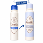 Deux flacons de déodorant anti-transpirant Cavaillès « Contrôle 48 h » en spray de 150 ml sont présentés côte à côte : l'ancienne version à gauche et la nouvelle version à droite. Les deux comportent des étiquettes « Protection 48 h », mais leur design est différent. La mention « MISE À JOUR » apparaît au-dessus. Dakar