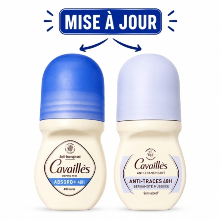 Deux flacons de Cavaillès Absorb+ Déodorant Anti-Transpirant et Anti-Traces 48H Roll-On 50 ml sont placés côte à côte ; celui de gauche est muni d'un bouchon bleu, tandis que celui de droite est muni d'un bouchon violet clair. Au-dessus d'elles, on peut lire « MISE À JOUR », avec des flèches pointant vers chaque flacon. Dakar