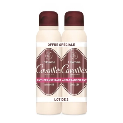 Deux flacons de Rogé Cavaillès Déodorant Anti-Traces Absorb+ 48h (Lot de 2x150 ml) sont présentés côte à côte avec une étiquette "Offre Spéciale" et "Lot de 2". L'emballage est blanc avec des accents bruns et roses. Dakar