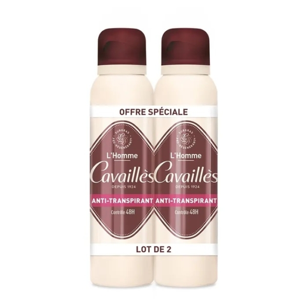 Deux flacons de Rogé Cavaillès Déodorant Anti-Traces Absorb+ 48h (Lot de 2x150 ml) sont présentés côte à côte avec une étiquette "Offre Spéciale" et "Lot de 2". L'emballage est blanc avec des accents bruns et roses. Dakar