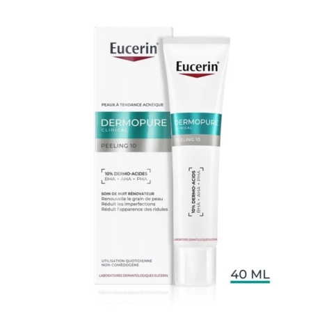 Un tube et un coffret d'Eucerin Dermopure K10 Soin Rénovateur Cutané Peaux à Imperfections 40 ml, destiné aux peaux sujettes aux imperfections, dans un emballage blanc rehaussé de touches de bleu sarcelle et comportant les informations sur le produit en français sur le devant. Dakar