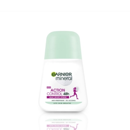 Flacon de 50 ml blanc et vert du Déodorant Minéral Antitranspirant Garnier Ultra Sec 48h, offrant une protection de 48 heures avec 0 % d'alcool en cas de chaleur, de sport ou de stress. L'étiquette comporte une petite figure de course violette. Dakar
