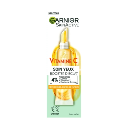 Un tube de 15 ml de Garnier Vitamine C Crème Contour des Yeux Éclaircissante dont l'emballage met en avant la niacinamide, la poudre de banane et les bénéfices tels que la réduction des cernes et des signes de fatigue. Dakar