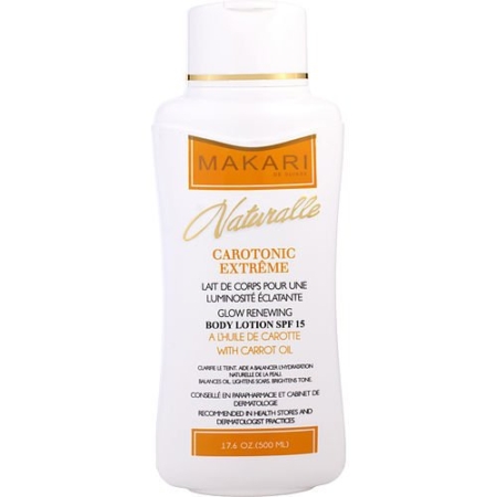 Makari Naturalle Carotonic Extrême Lait de Corps 500ml est un lait corporel avec SPF 15 et huile de carotte, dans un flacon blanc et orange avec des accents dorés, pour des bénéfices rénovateurs et éclaircissants. Dakar