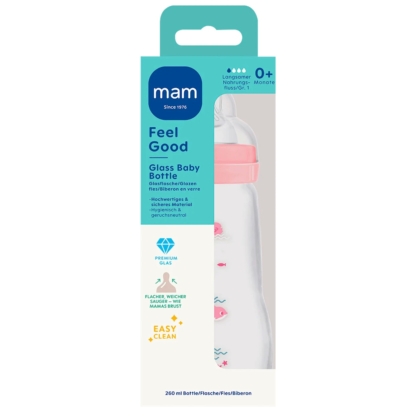 Mam Biberon en Verre Feel Good Rose dès la Naissance 260 ml, pour les 0+, comprend un verre de qualité supérieure, des motifs de flamants roses, un bouchon rose, un nettoyage facile et une capacité de 260 ml. Dakar