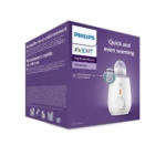 Une boîte 1 pièce Philips Avent Chauffe-biberon Rapide Blanc, avec une image du chauffe-biberon et un texte en anglais, français et italien soulignant la rapidité et l'homogénéité du réchauffement : "Le chauffe-biberon se réchauffe uniformément en seulement 3 minutes. Dakar
