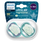 La sucette Ultra Air Nuit avec Panneau Lumineux Philips Avent, adaptée aux enfants de 6 à 18 mois, comprend deux sucettes aux motifs phosphorescents. Avec un taux d'acceptation de 98 % et une forme orthodontique, elles assurent confort et sommeil réparateur. Dakar