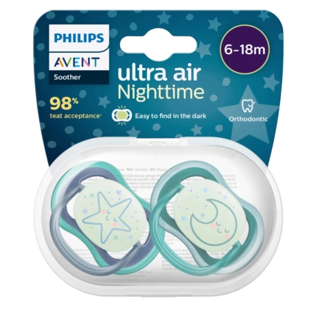 La sucette Ultra Air Nuit avec Panneau Lumineux Philips Avent, adaptée aux enfants de 6 à 18 mois, comprend deux sucettes aux motifs phosphorescents. Avec un taux d'acceptation de 98 % et une forme orthodontique, elles assurent confort et sommeil réparateur. Dakar
