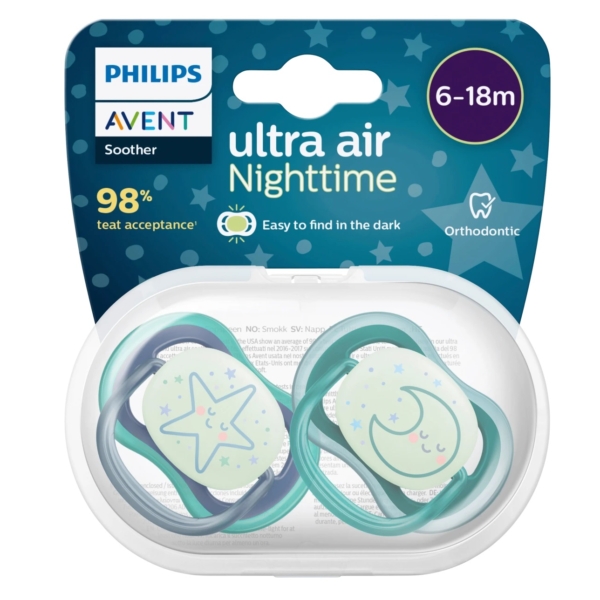 La sucette Ultra Air Nuit avec Panneau Lumineux Philips Avent, adaptée aux enfants de 6 à 18 mois, comprend deux sucettes aux motifs phosphorescents. Avec un taux d'acceptation de 98 % et une forme orthodontique, elles assurent confort et sommeil réparateur. Dakar