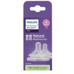 Philips AVENT Lot de 2 Tétines Natural Débit 4 (3 mois et plus) avec emballage violet en papier, contenant deux tétines en silicone transparentes pour biberons. Indique "Débit 4 rapide" sur le pack. Dakar