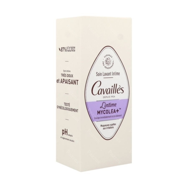 Un flacon de 200 ml de Rogé Cavailles Soin Toilette Intime Mycolea+ est présenté dans un élégant emballage blanc et violet clair avec un texte français et des informations détaillées sur le produit. Dakar
