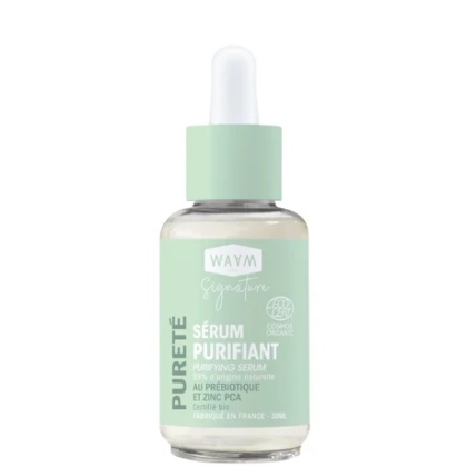 Un flacon vert et blanc de 30 ml de Sérum Purifiant Signature WAW aux prébiotiques et au zinc PCA complète le Bain et Gommage Waam Sel Rose de l'Himalaya 500 g. Certifié bio, fabriqué en France. Dakar
