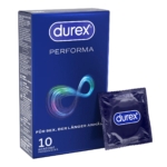 Une boîte bleue de Durex Performa Retardant avec Gel Légèrement Anesthésiant (12 préservatifs) est présentée à côté d'un préservatif emballé. L'emballage comporte un symbole de l'infini coloré et un texte en français soulignant l'amélioration des performances. Dakar
