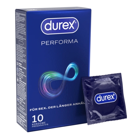 Une boîte bleue de Durex Performa Retardant avec Gel Légèrement Anesthésiant (12 préservatifs) est présentée à côté d'un préservatif emballé. L'emballage comporte un symbole de l'infini coloré et un texte en français soulignant l'amélioration des performances. Dakar