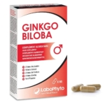 La boîte de Labophyto Ginkgo Biloba 60 Gélules Végétales Complément Alimentaire présente un design rouge et blanc, des informations multilingues et une icône d'utilisation masculine. Trois gélules beiges sont présentées à côté de la boîte. Dakar