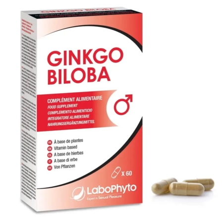 La boîte de Labophyto Ginkgo Biloba 60 Gélules Végétales Complément Alimentaire présente un design rouge et blanc, des informations multilingues et une icône d'utilisation masculine. Trois gélules beiges sont présentées à côté de la boîte. Dakar