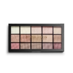 La palette de fards à paupières teinte Iconic 3.0 de Makeup Revolution Reloaded contient 15 teintes roses, beiges, brunes et dorées, brillantes et mates, dans un boîtier rectangulaire noir avec un couvercle transparent et "Revolution" en lettres dorées au centre. Dakar