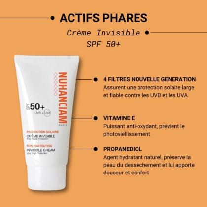 Tube de Nuhanciam CRÈME INVISIBLE Spf50+ Très Haute Protection Anti Taches 50 ml sur fond orange, dont les ingrédients clés sont : quatre filtres de nouvelle génération, de la vitamine E et du propanediol pour la protection et l'hydratation. Dakar