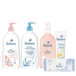 Cinq produits Biolane Gamme Soins Bébé + Éponge OFFERT sont présentés : deux flacons pompe, un flacon spray, un tube et un paquet de lingettes avec un packaging blanc aux accents bleu pastel ou rose. Dakar