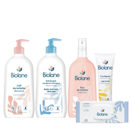 Cinq produits Biolane Gamme Soins Bébé + Éponge OFFERT sont présentés : deux flacons pompe, un flacon spray, un tube et un paquet de lingettes avec un packaging blanc aux accents bleu pastel ou rose. Dakar