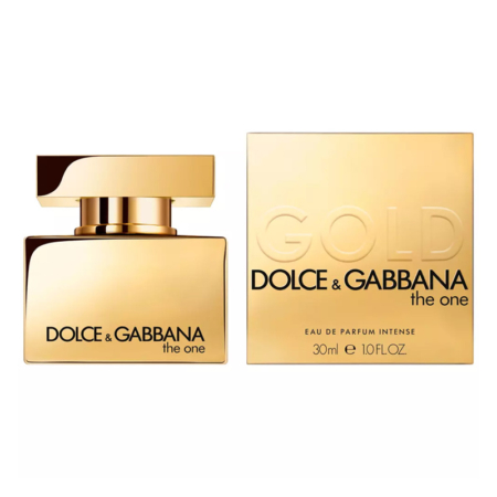 Un flacon et un coffret dorés de Dolce & Gabbana The One Gold Eau de Parfum Intense pour femme, 30ml, arborant la marque Dolce & Gabbana en noir et or. Dakar