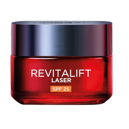 Un pot rouge de L'Oréal Crème Spf25 Jour Visage Anti-Rides Profond Revitalift Laser 50 ml avec un couvercle métallique foncé et un texte blanc sur le devant. Dakar
