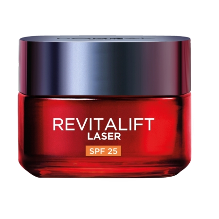 Un pot rouge de L'Oréal Crème Spf25 Jour Visage Anti-Rides Profond Revitalift Laser 50 ml avec un couvercle métallique foncé et un texte blanc sur le devant. Dakar