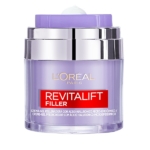 Un pot de 50 ml de L'Oréal Revitalift Filler Soin Visage Gel Crème Repulpant Acide Hyaluronique présente un design violet et argenté avec une étiquette avant rouge ; le couvercle partiellement ouvert montre la crème blanche à l'intérieur. Dakar