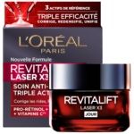 Un pot de L'Oréal Crème Spf25 Jour Visage Anti-Rides Profond Revitalift Laser 50 ml est présenté devant son emballage rouge et noir, soulignant les bénéfices anti-rides profonds et revitalisants. Dakar