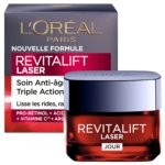 Un pot de L'Oréal Crème Jour Visage Anti-Rides Profond Revitalift Laser 50 ml est présenté devant sa boîte, mettant en valeur sa formule anti-rides au pro-rétinol, à l'acide hyaluronique, à la vitamine C et à l'huile d'argan. Dakar