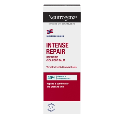 Façade d'une boîte de 40 ml de Neutrogena Réparation Intense Crème Réparatrice Pieds et Talons Crevassés, présentant sa formule norvégienne avec 40 % de glycérine et de centella asiatica pour réparer les pieds très secs et les talons crevassés, dans un motif blanc et rouge. Dakar