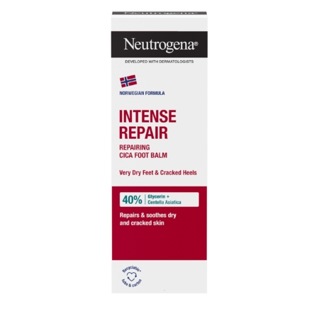 Façade d'une boîte de 40 ml de Neutrogena Réparation Intense Crème Réparatrice Pieds et Talons Crevassés, présentant sa formule norvégienne avec 40 % de glycérine et de centella asiatica pour réparer les pieds très secs et les talons crevassés, dans un motif blanc et rouge. Dakar