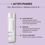 Sur fond de lavande, l'Eau Micellaire Démaquillante Clarté du Teint 200 ml de Nuhanciam contient de l'Alpha-Melight, des micelles et du polyol hydratant pour réduire l'hyperpigmentation et maintenir la peau hydratée. Dakar