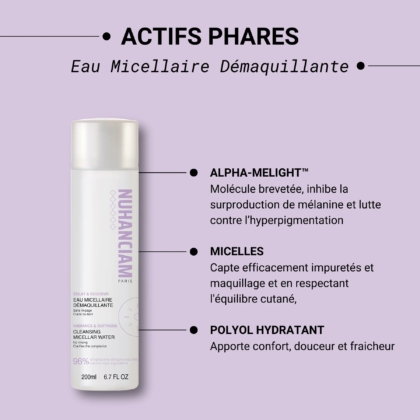 Sur fond de lavande, l'Eau Micellaire Démaquillante Clarté du Teint 200 ml de Nuhanciam contient de l'Alpha-Melight, des micelles et du polyol hydratant pour réduire l'hyperpigmentation et maintenir la peau hydratée. Dakar