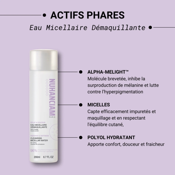 Sur fond de lavande, l'Eau Micellaire Démaquillante Clarté du Teint 200 ml de Nuhanciam contient de l'Alpha-Melight, des micelles et du polyol hydratant pour réduire l'hyperpigmentation et maintenir la peau hydratée. Dakar