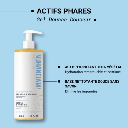 Un flacon de Nuhanciam Gel Douche Douceur Sans Savon 500 ml avec une pompe est représenté sur un fond bleu, mettant en avant sa formule hydratante à base de plantes et ses bienfaits de nettoyage doux sans savon. Dakar