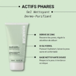 Un tube de Nuhanciam Gel Nettoyant Dermo-Purifiant Peaux à tendance Acnéique 150 ml est représenté sur un fond vert menthe, avec un texte en français présentant les ingrédients clés : dérivé de zinc, glycérol, et une base nettoyante douce. Dakar